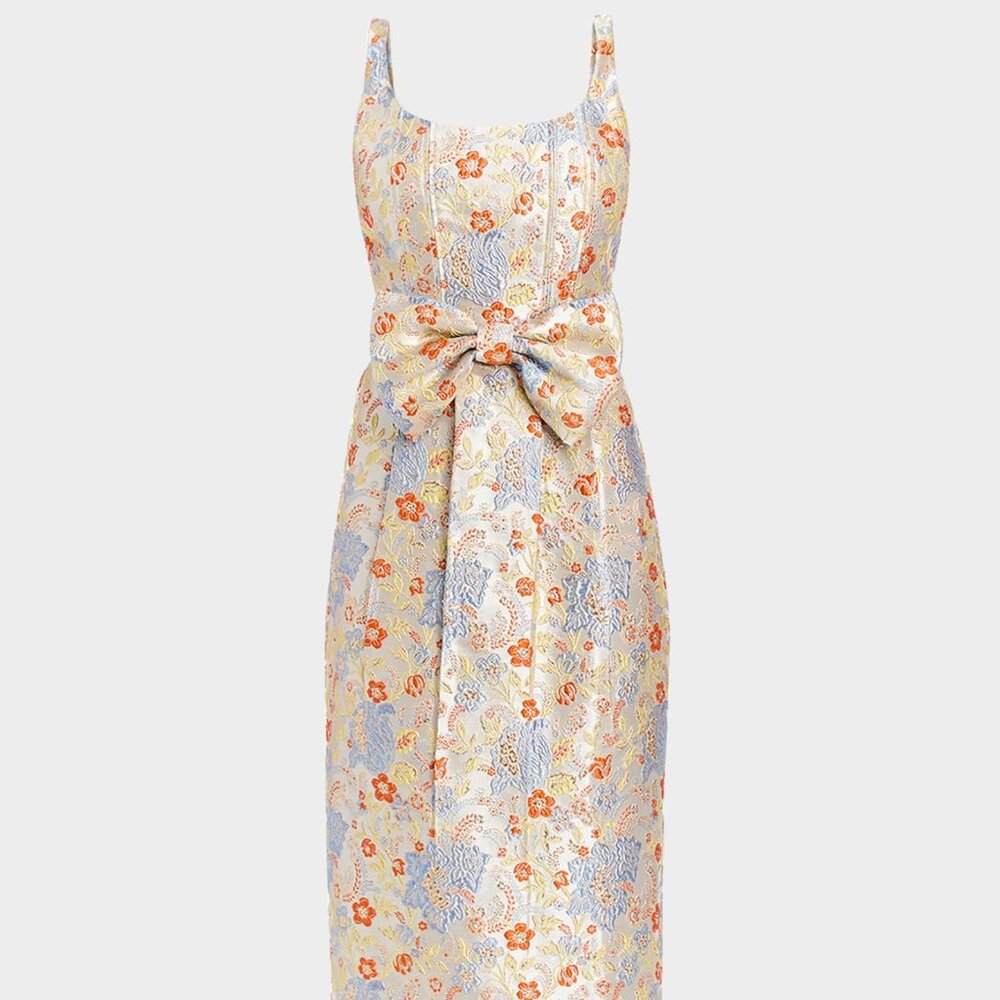 Mestiza New York Audrey Bow Front Metallic Jacquard Midi Dress Floral 4 NWT